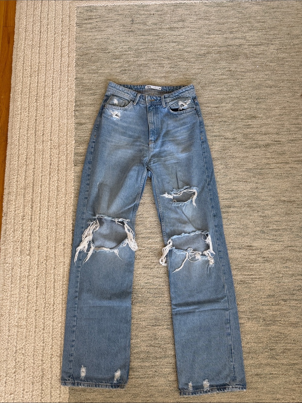 Zara Light-Medium Blue Distressed Straight-Leg Jeans